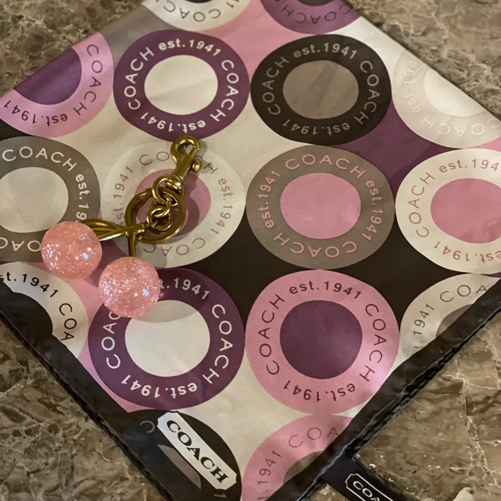 COACH Silk Pink Purple Neutral Circle Design Square Scarf W/UNBRANDED Bag Charm